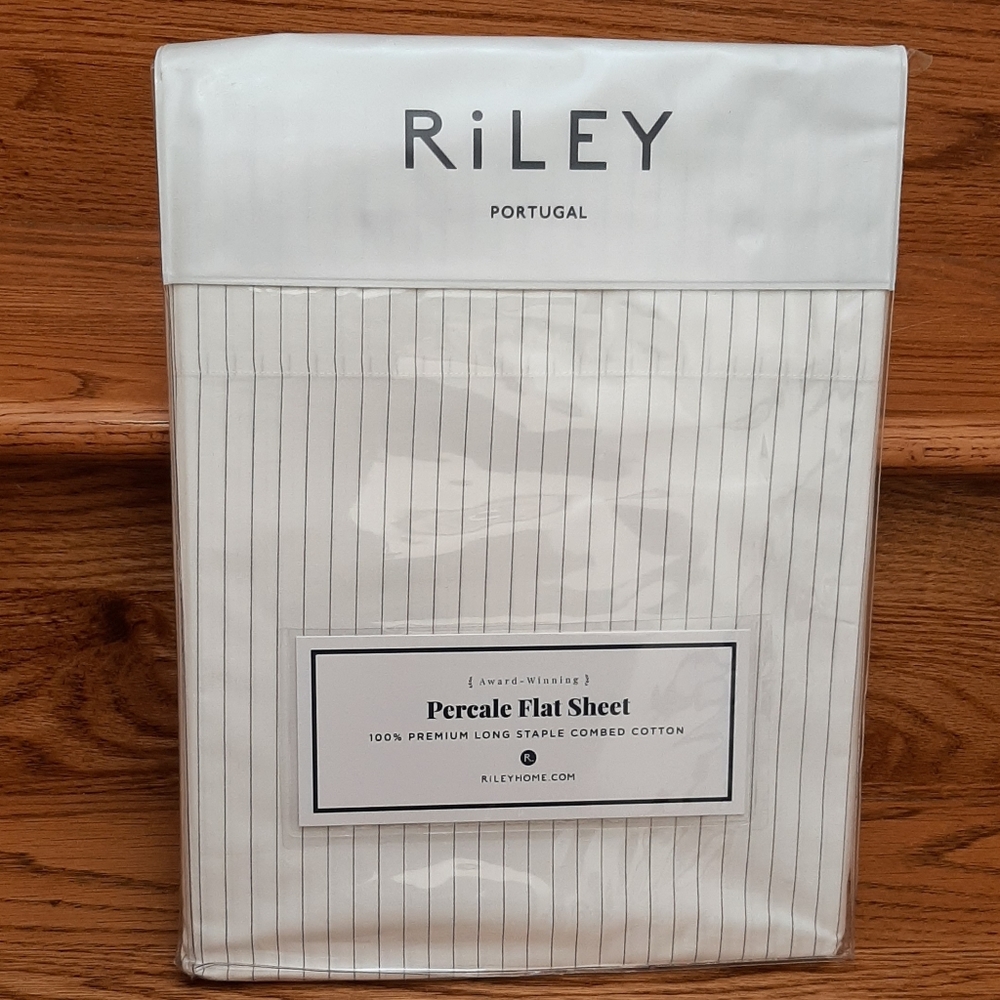 *RILEY Cotton Percale KING Flat Sheet White Pinstripe